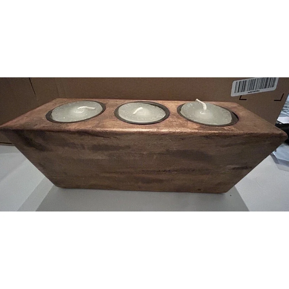 Three (3) Hole Wooden Sugar Mold Wood Candle Holder Primitive Look w/3 Candles